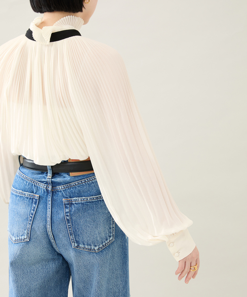 L'UNE（リュンヌ）配色ヴィンテージシフォン プリーツブラウス