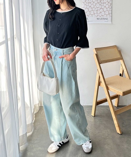 GeeRA(ジーラ)の「夏にぴったり。キャンディースリーブ配色パイピングシアーブラウス(シャツ/ブラウス・レディース・アイボリー/ブラック・LARGE/MEDIUM)」の4枚目の写真