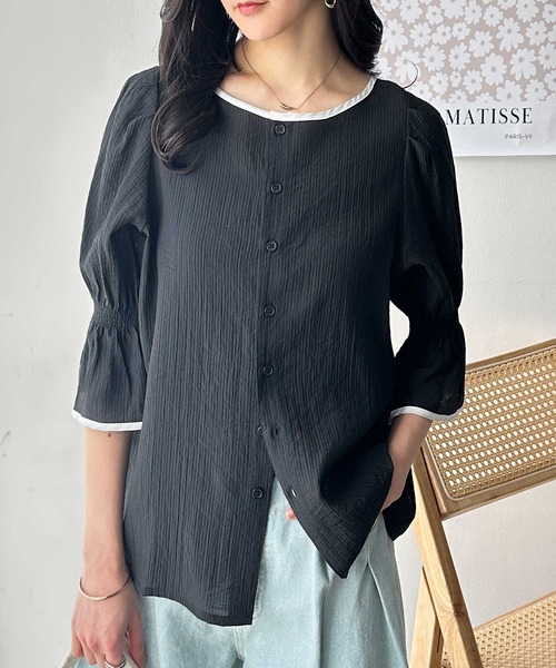 GeeRA(ジーラ)の「夏にぴったり。キャンディースリーブ配色パイピングシアーブラウス(シャツ/ブラウス・レディース・アイボリー/ブラック・LARGE/MEDIUM)」の6枚目の写真