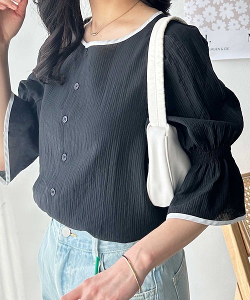GeeRA(ジーラ)の「夏にぴったり。キャンディースリーブ配色パイピングシアーブラウス(シャツ/ブラウス・レディース・アイボリー/ブラック・LARGE/MEDIUM)」の8枚目の写真