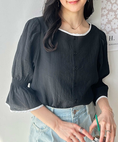GeeRA(ジーラ)の「夏にぴったり。キャンディースリーブ配色パイピングシアーブラウス(シャツ/ブラウス・レディース・アイボリー/ブラック・LARGE/MEDIUM)」の7枚目の写真
