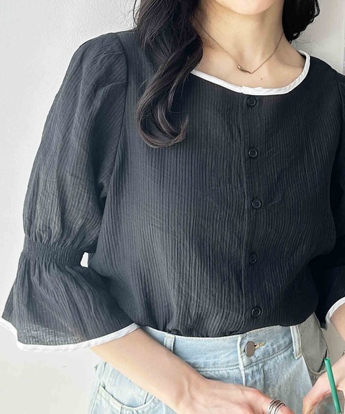 GeeRA(ジーラ)の「夏にぴったり。キャンディースリーブ配色パイピングシアーブラウス(シャツ/ブラウス・レディース・アイボリー/ブラック・LARGE/MEDIUM)」の17枚目の写真