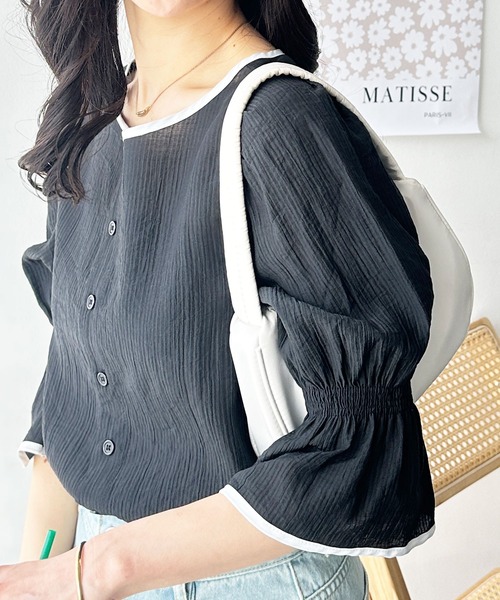 GeeRA(ジーラ)の「夏にぴったり。キャンディースリーブ配色パイピングシアーブラウス(シャツ/ブラウス・レディース・アイボリー/ブラック・LARGE/MEDIUM)」の18枚目の写真