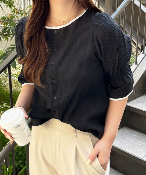 GeeRA(ジーラ)の「夏にぴったり。キャンディースリーブ配色パイピングシアーブラウス(シャツ/ブラウス・レディース・アイボリー/ブラック・LARGE/MEDIUM)」の16枚目の写真