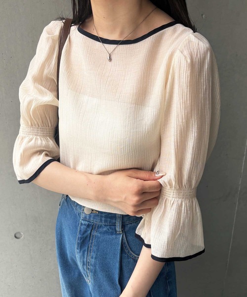 GeeRA(ジーラ)の「夏にぴったり。キャンディースリーブ配色パイピングシアーブラウス(シャツ/ブラウス・レディース・アイボリー/ブラック・LARGE/MEDIUM)」の20枚目の写真