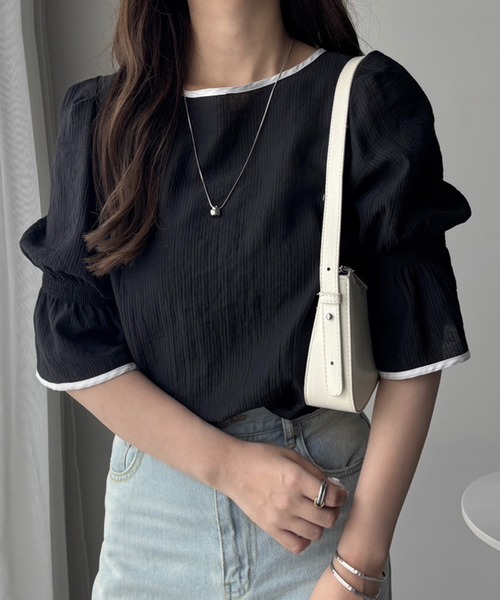 GeeRA(ジーラ)の「夏にぴったり。キャンディースリーブ配色パイピングシアーブラウス(シャツ/ブラウス・レディース・アイボリー/ブラック・LARGE/MEDIUM)」の22枚目の写真
