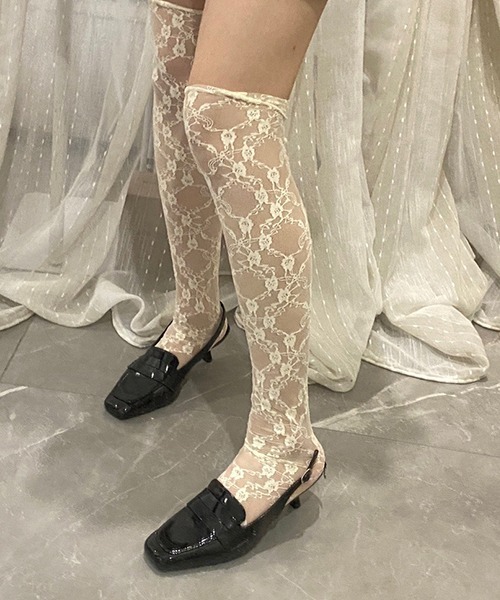 c.u.l（シーユーエル）の「フラワーレース ニーハイソックス レースソックス cula1127（ソックス/靴下・レディース・ブラック/アイボリー/ピンク/ホワイト・FREE）」の16枚目の写真