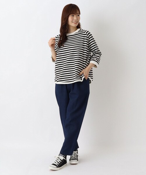 one'sterrace(ワンズテラス)の「ゆったり ラグラン7分袖 ボーダープルオーバー(Tシャツ/カットソー・レディース・ベージュ系その他7/ブラック系8/ライトグリーン系/パープル系2/ブルー系その他7・02)」の14枚目の写真