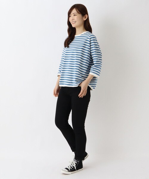 one'sterrace(ワンズテラス)の「ゆったり ラグラン7分袖 ボーダープルオーバー(Tシャツ/カットソー・レディース・ベージュ系その他7/ブラック系8/ライトグリーン系/パープル系2/ブルー系その他7・02)」の20枚目の写真
