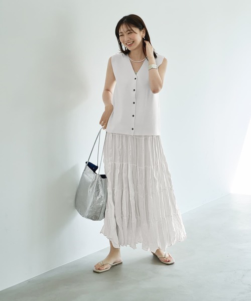 STYLE DELI（スタイルデリ）の「94cm丈コットン質感ワッシャーティア―ドスカート（スカート・レディース・ブラック/ホワイト・FREE）」の3枚目の写真