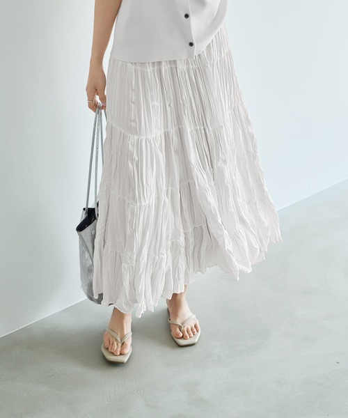 STYLE DELI（スタイルデリ）の「94cm丈コットン質感ワッシャーティア―ドスカート（スカート・レディース・ブラック/ホワイト・FREE）」の4枚目の写真