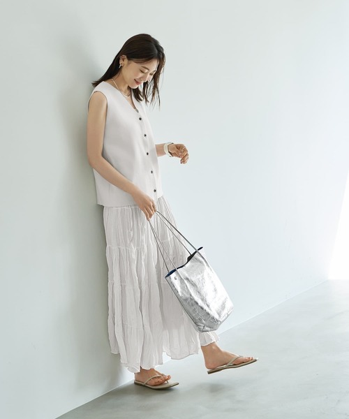 STYLE DELI（スタイルデリ）の「94cm丈コットン質感ワッシャーティア―ドスカート（スカート・レディース・ブラック/ホワイト・FREE）」の5枚目の写真