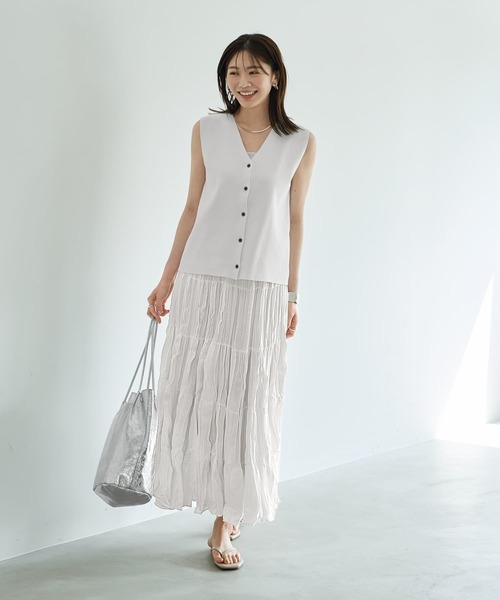 STYLE DELI（スタイルデリ）の「94cm丈コットン質感ワッシャーティア―ドスカート（スカート・レディース・ブラック/ホワイト・FREE）」の8枚目の写真