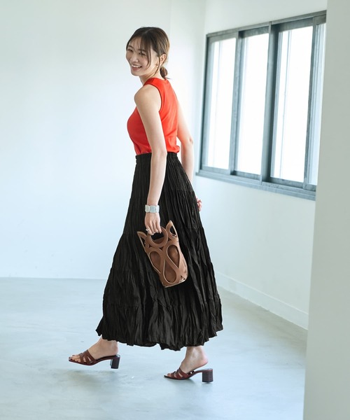 STYLE DELI（スタイルデリ）の「94cm丈コットン質感ワッシャーティア―ドスカート（スカート・レディース・ブラック/ホワイト・FREE）」の10枚目の写真