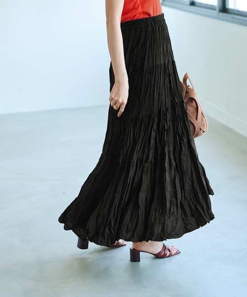 STYLE DELI（スタイルデリ）の「94cm丈コットン質感ワッシャーティア―ドスカート（スカート・レディース・ブラック/ホワイト・FREE）」の11枚目の写真