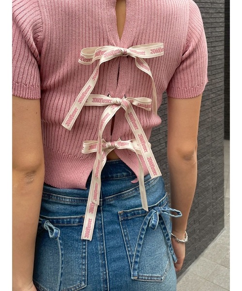 EVRIS（エヴリス）の「ハーフスリーブバックオープンリボンニットトップス（ニット/セーター・レディース・ブラック/ブルー/ピンク/ベージュ・FREE）」の14枚目の写真