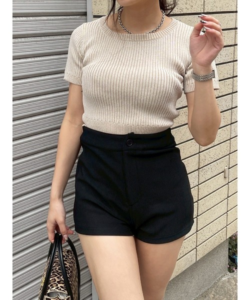 EVRIS（エヴリス）の「ハーフスリーブバックオープンリボンニットトップス（ニット/セーター・レディース・ブラック/ブルー/ピンク/ベージュ・FREE）」の7枚目の写真