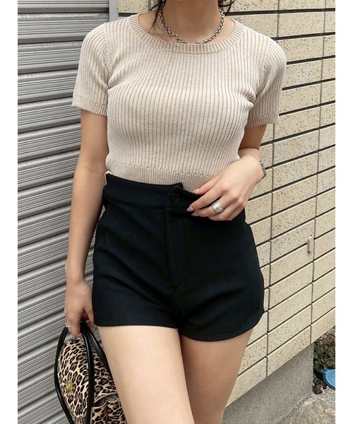 EVRIS（エヴリス）の「ハーフスリーブバックオープンリボンニットトップス（ニット/セーター・レディース・ブラック/ブルー/ピンク/ベージュ・FREE）」の8枚目の写真