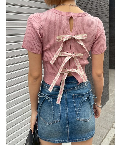 EVRIS（エヴリス）の「ハーフスリーブバックオープンリボンニットトップス（ニット/セーター・レディース・ブラック/ブルー/ピンク/ベージュ・FREE）」の15枚目の写真