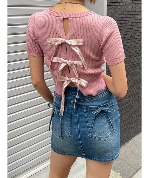 EVRIS（エヴリス）の「ハーフスリーブバックオープンリボンニットトップス（ニット/セーター・レディース・ブラック/ブルー/ピンク/ベージュ・FREE）」の16枚目の写真