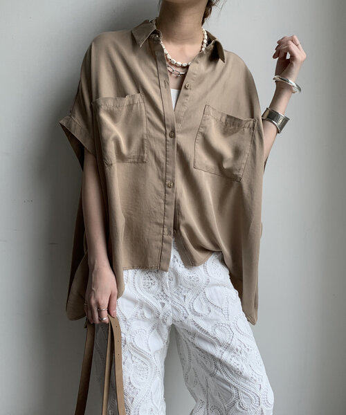 DouDou（ドゥドゥ）の「【WEB限定】リヨセル×ジョーゼット切替シャツ（シャツ/ブラウス・レディース・ブラック/ベージュ/ホワイト・FREE）」の3枚目の写真