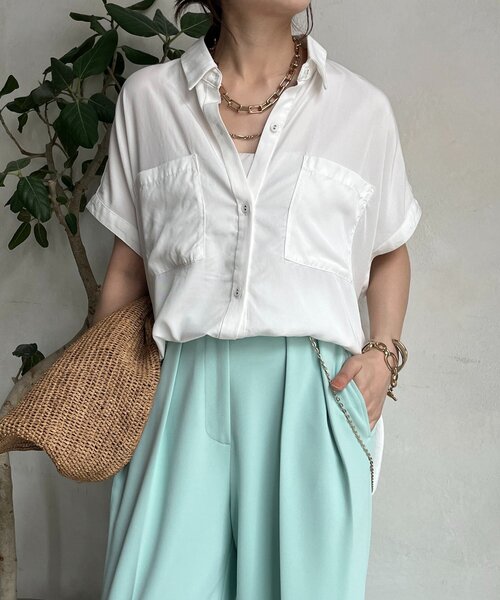 DouDou（ドゥドゥ）の「【WEB限定】リヨセル×ジョーゼット切替シャツ（シャツ/ブラウス・レディース・ブラック/ベージュ/ホワイト・FREE）」の2枚目の写真