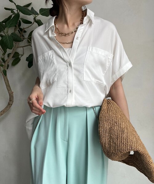 DouDou（ドゥドゥ）の「【WEB限定】リヨセル×ジョーゼット切替シャツ（シャツ/ブラウス・レディース・ブラック/ベージュ/ホワイト・FREE）」の7枚目の写真