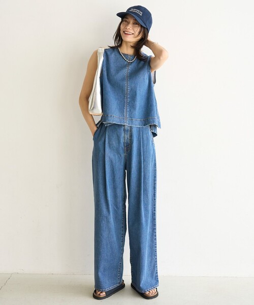 新品　アンフィーロ　デニムライト　タックワイドパンツ　インディゴ　Mサイズ UVカット/遮熱】UNFILO DENIM LIGHT タックワイドパンツ（デニム