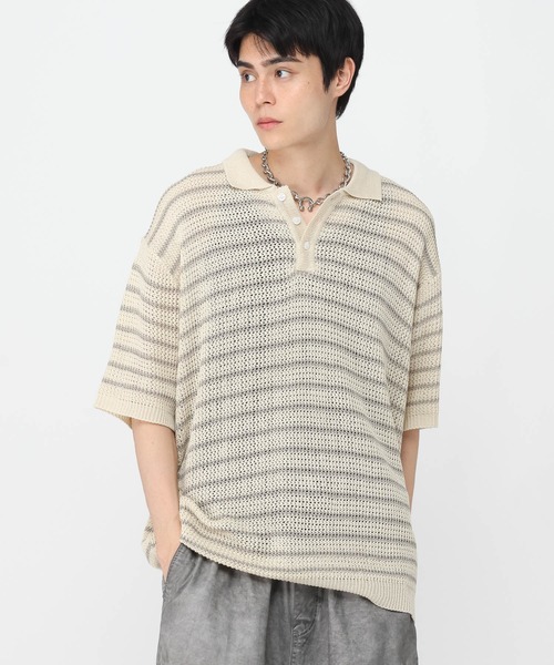 LAND MUSEUM(ランドミュージアム)の「LAND MUSEUM/ボーダーボタンニット(Tシャツ/カットソー・メンズ・グレー/ブラック・FREE)」の2枚目の写真