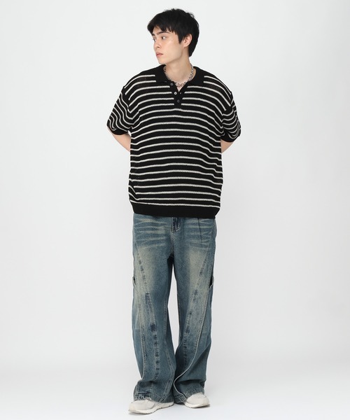 LAND MUSEUM(ランドミュージアム)の「LAND MUSEUM/ボーダーボタンニット(Tシャツ/カットソー・メンズ・グレー/ブラック・FREE)」の13枚目の写真