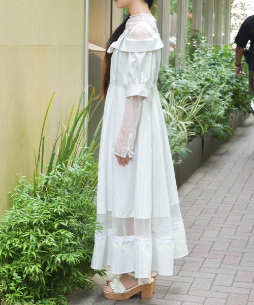 axes femme（アクシーズファム）の「オフショル風ストライプワンピース（ワンピース・レディース・ネイビー/ミント/ホワイト/パープル・FREE）」の5枚目の写真