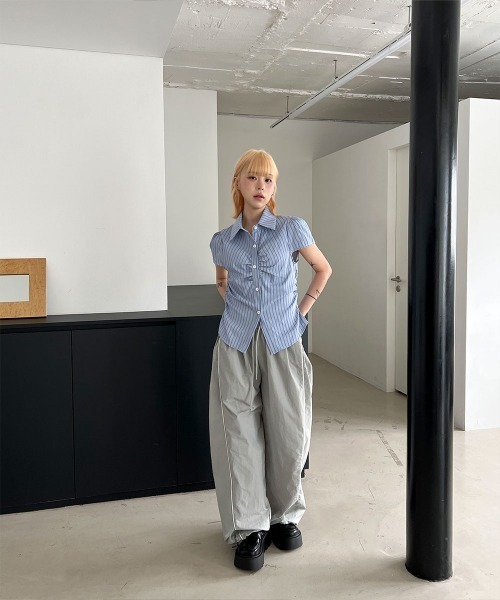 セール】【スリム見え/二の腕カバー】無地 ストライプ シャーリング