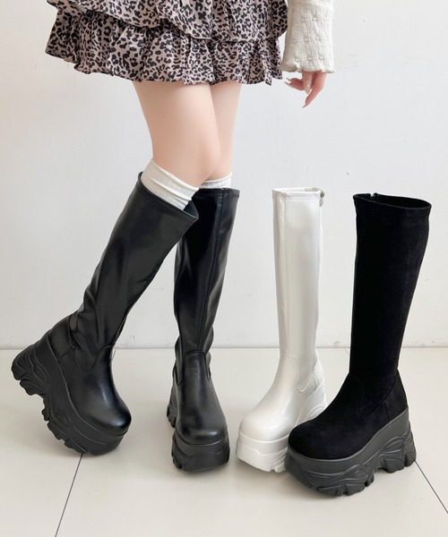 Shoes in Closet(シューズインクローゼット)の「厚底 ダブルソール ストレッチ ロングブーツ 538(ブーツ・レディース・アイボリー/ブラック系8/ブラック・L/M/S/LL)」の10枚目の写真