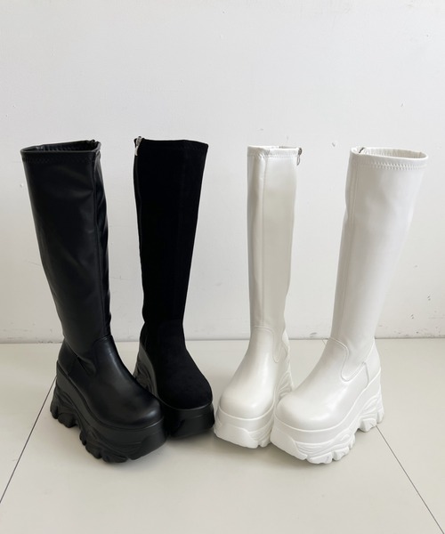 Shoes in Closet(シューズインクローゼット)の「厚底 ダブルソール ストレッチ ロングブーツ 538(ブーツ・レディース・アイボリー/ブラック系8/ブラック・L/M/S/LL)」の12枚目の写真