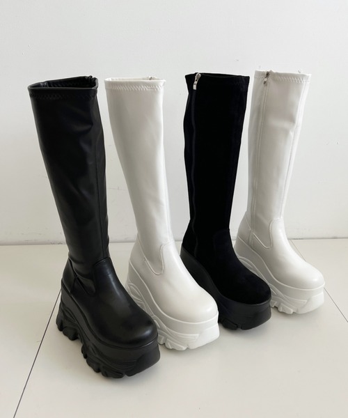 Shoes in Closet(シューズインクローゼット)の「厚底 ダブルソール ストレッチ ロングブーツ 538(ブーツ・レディース・アイボリー/ブラック系8/ブラック・L/M/S/LL)」の11枚目の写真
