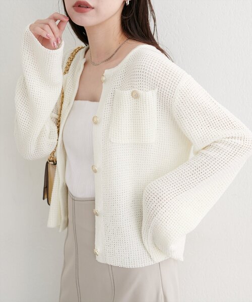セール】【WEB限定】ポケ付き金釦ワッフル編みカーディガン