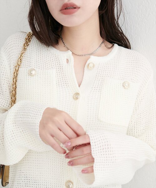 セール】【WEB限定】ポケ付き金釦ワッフル編みカーディガン