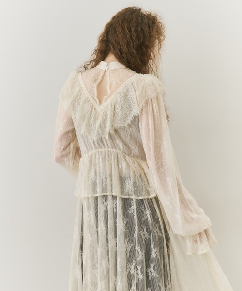 vintage調ストライプフラワー総レースドレスワンピース