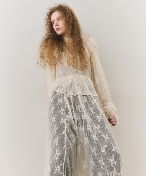 vintage調ストライプフラワー総レースドレスワンピース（ワンピース