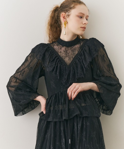 vintage調ストライプフラワー総レースドレスワンピース