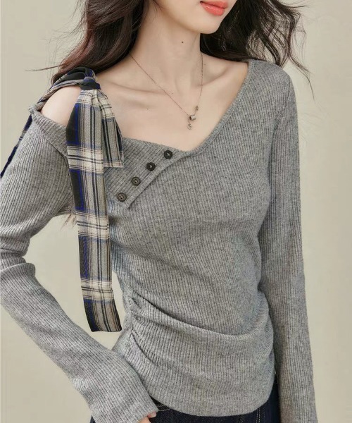 gossip!ロサンゼルス(ゴシップロサンゼルス)の「リボンアクセント ワンショルダーニットトップス(Tシャツ/カットソー・レディース・グレー/ライトグレー・M)」の8枚目の写真