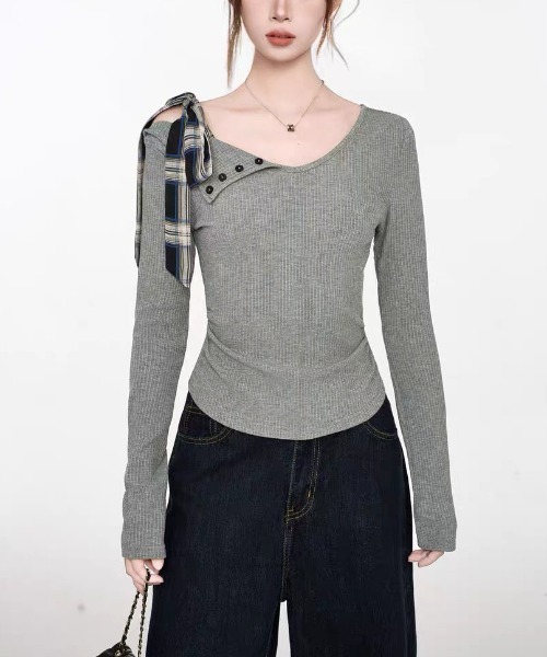 gossip!ロサンゼルス(ゴシップロサンゼルス)の「リボンアクセント ワンショルダーニットトップス(Tシャツ/カットソー・レディース・グレー/ライトグレー・M)」の11枚目の写真
