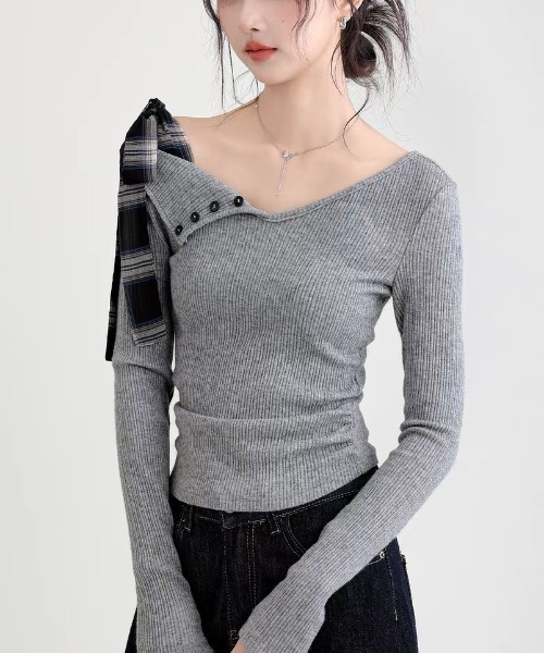 gossip!ロサンゼルス(ゴシップロサンゼルス)の「リボンアクセント ワンショルダーニットトップス(Tシャツ/カットソー・レディース・グレー/ライトグレー・M)」の12枚目の写真