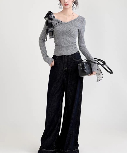 gossip!ロサンゼルス(ゴシップロサンゼルス)の「リボンアクセント ワンショルダーニットトップス(Tシャツ/カットソー・レディース・グレー/ライトグレー・M)」の13枚目の写真
