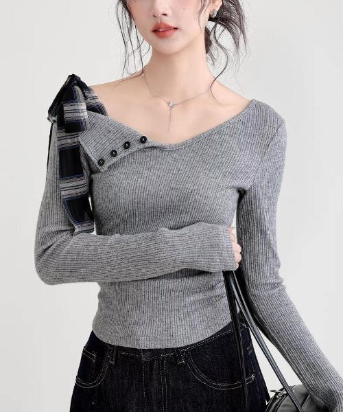 gossip!ロサンゼルス(ゴシップロサンゼルス)の「リボンアクセント ワンショルダーニットトップス(Tシャツ/カットソー・レディース・グレー/ライトグレー・M)」の16枚目の写真
