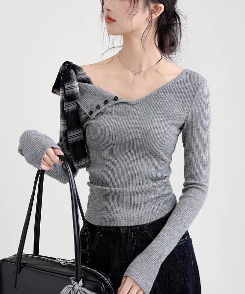 gossip!ロサンゼルス(ゴシップロサンゼルス)の「リボンアクセント ワンショルダーニットトップス(Tシャツ/カットソー・レディース・グレー/ライトグレー・M)」の17枚目の写真
