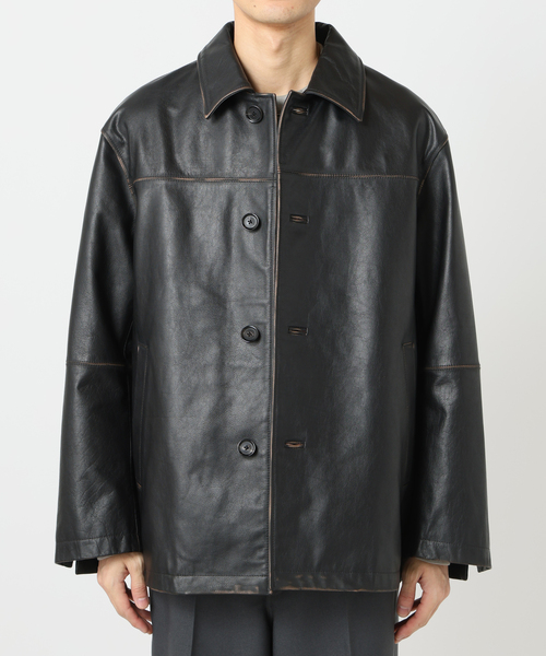 SKOOKUM(スクーカム)の「SKOOKUM / スクーカム 別注 バッファローレザー カバーオール(ライダースジャケット・メンズ・ブラック・MEDIUM/LARGE)」の4枚目の写真