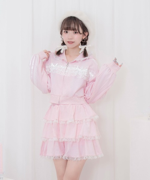 Honey Cinnamon(ハニーシナモン)の「レースフリルパーカーセットアップ(セットアップ・レディース・ブラック/ピンク・FREE)」の2枚目の写真