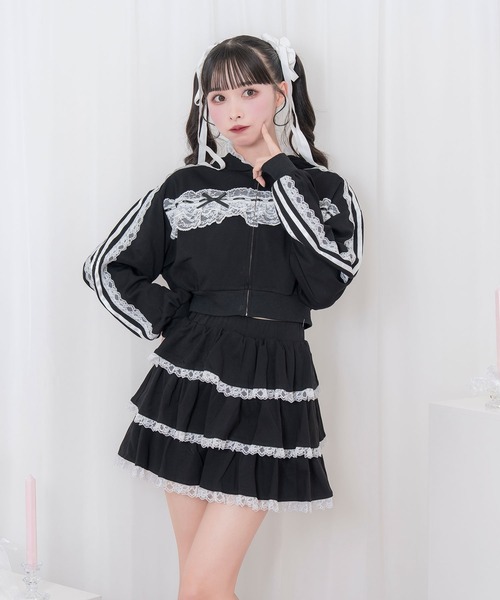Honey Cinnamon(ハニーシナモン)の「レースフリルパーカーセットアップ(セットアップ・レディース・ブラック/ピンク・FREE)」の10枚目の写真