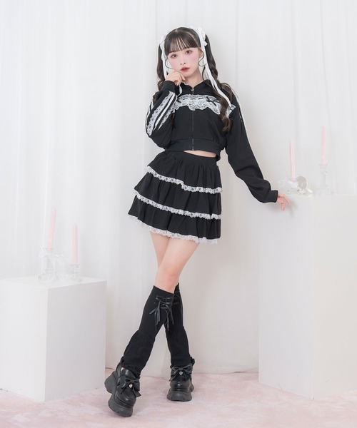 Honey Cinnamon(ハニーシナモン)の「レースフリルパーカーセットアップ(セットアップ・レディース・ブラック/ピンク・FREE)」の5枚目の写真
